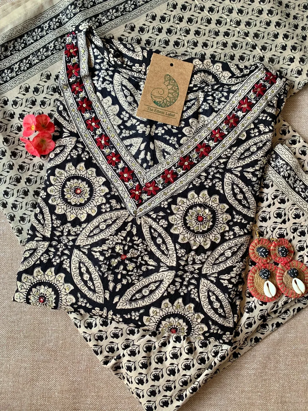 Hand Embroidered Black Ajrakh Afghan Pant Kurta Set with Dupatta - 3 pc