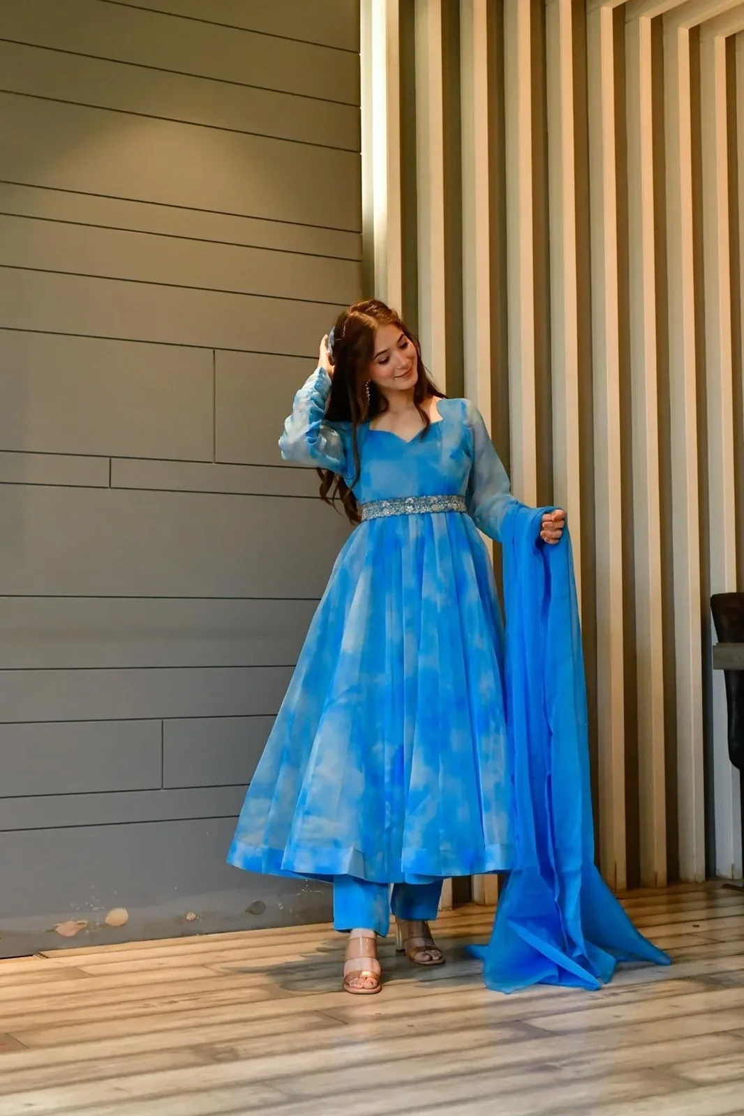 blue marble printed organza suit set